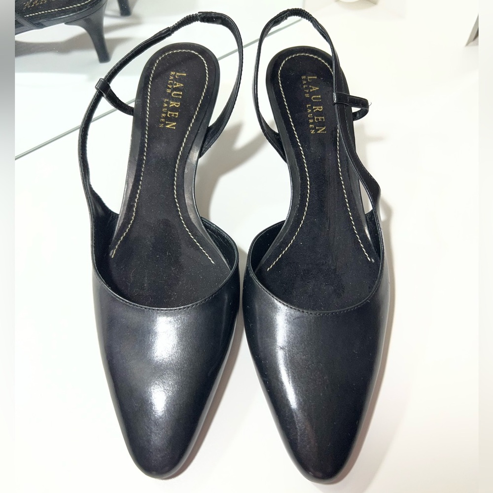 Lauren Ralph Lauren Black Leather Slingback Kitten Heels Pointed Toe Size 7.5